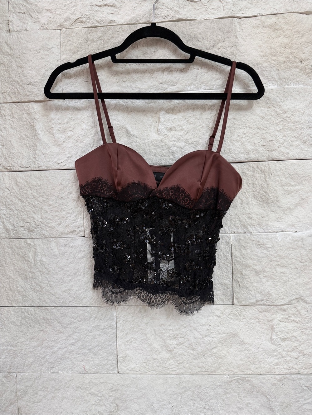 Zara Brown and Black Lace Bustier Crop Top